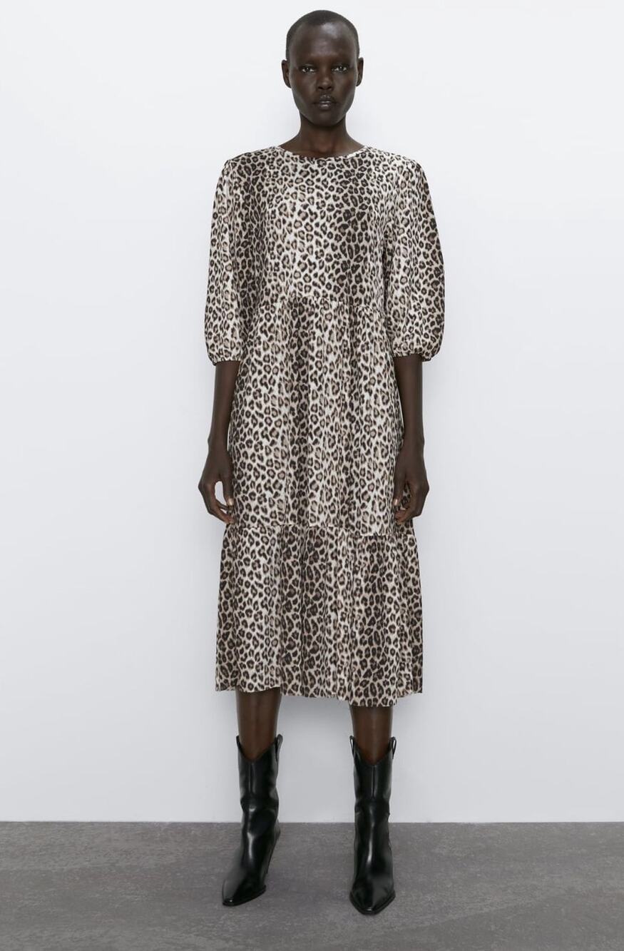 Zara Brown Black Leopard Animal Print 3/4 Sleeve Tiered Midi A-line Dress Size S